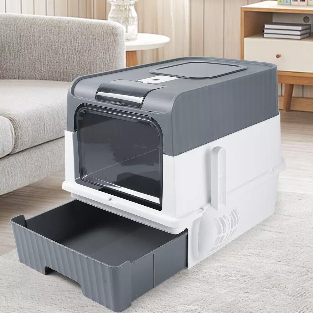 Grey Large Cat Litter Box with Drawer - Anti-Splash Cat Potty Tray for Easy Cleaning