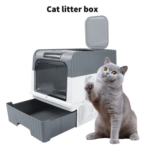Grey Large Cat Litter Box with Drawer - Anti-Splash Cat Potty Tray for Easy Cleaning