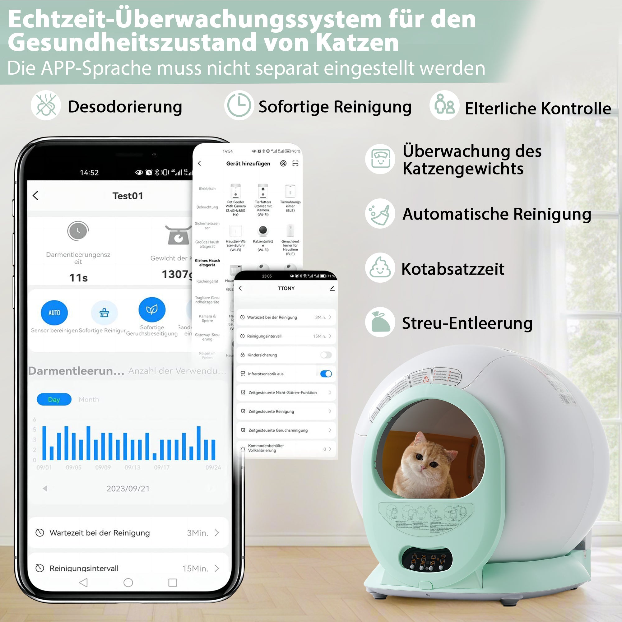 65L Adaptive Self-Cleaning Cat Litter Box for Multiple Cats, Automatic Suction, Suitable for Many Kinds of Litter, Infrared Sensor, Eliminates Odor, APP Controlled, Child Safety Lock