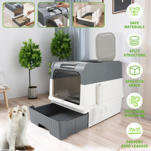 Grey Large Cat Litter Box with Drawer - Anti-Splash Cat Potty Tray for Easy Cleaning