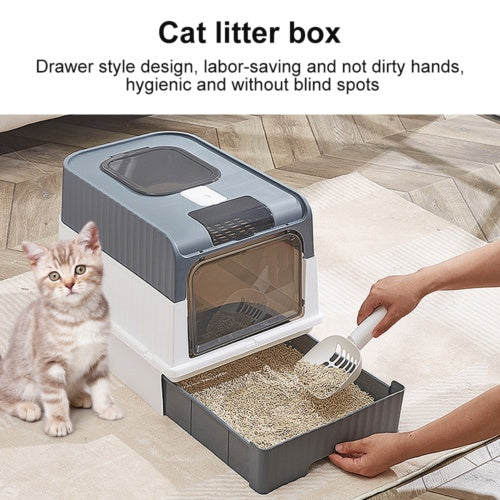 Grey Large Cat Litter Box with Drawer - Anti-Splash Cat Potty Tray for Easy Cleaning